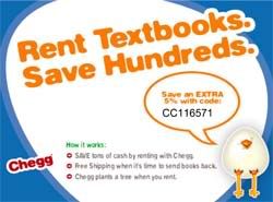 save money on textbooks using this coupon code from Chegg.com