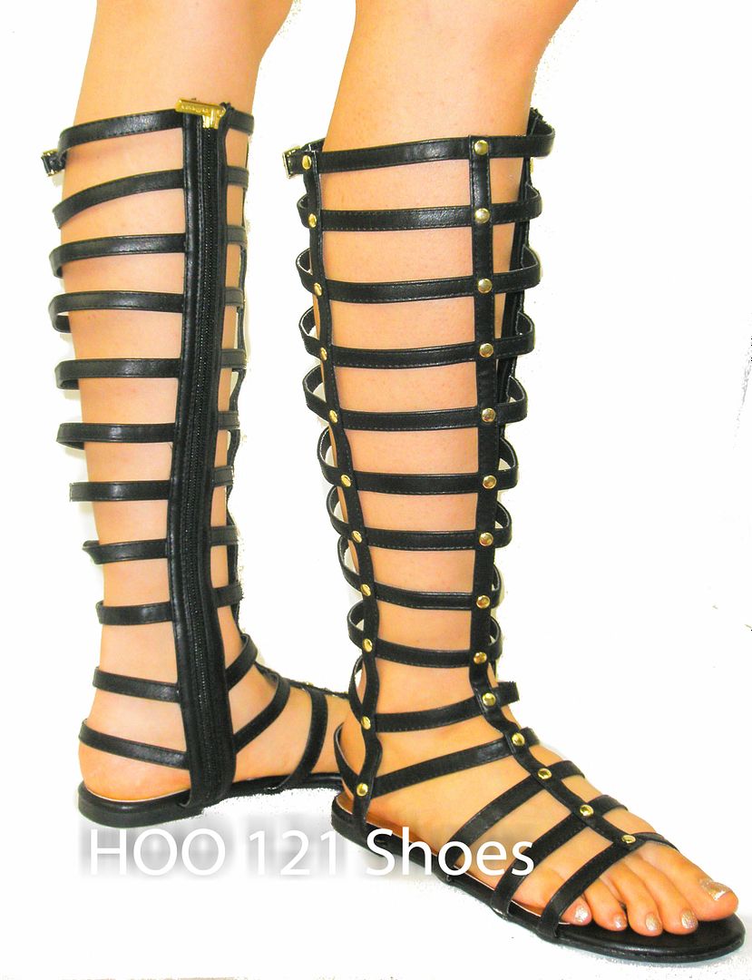 ... Strappy Flat Zipper Studded Long Roman Gladiator Boot Sandal* BLACK 10