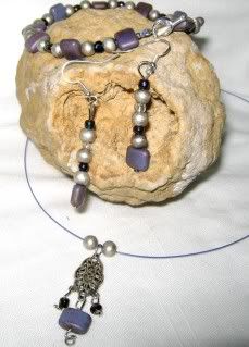 purple necklace,bracelet,earrings,chiclet beads