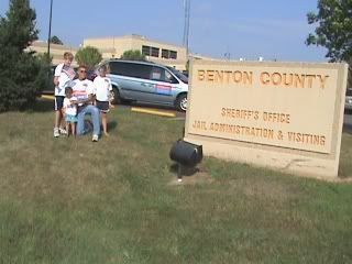 With three of my children at the entrance to the Benton County Sheriff's Office, Jail, and Courts Facility prior to starting the day's walk, Aug. 22, 2008.