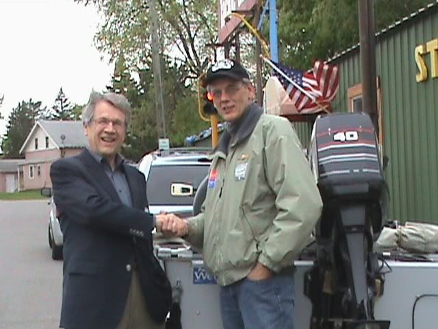 Aubrey Immelman welcomes Tom Horner to St. Cloud for his press conference at Stop Light Bait, May 12, 2010.
