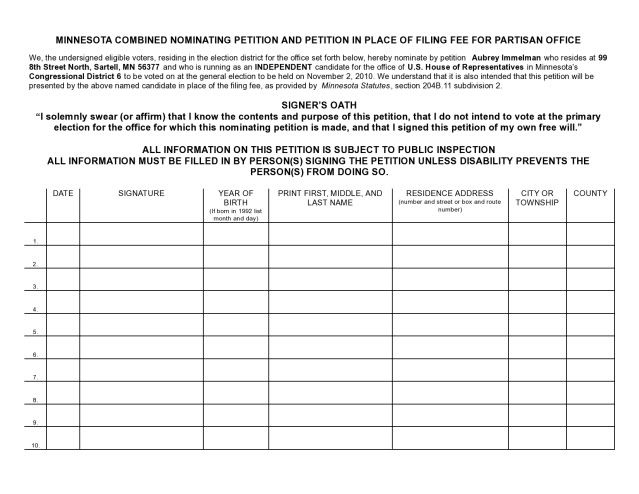 Click on image for downloadable, printable petition to help nominate Aubrey Immelman as an independent candidate for the office of U.S. Representative in Minnesotas 6th Congressional District.