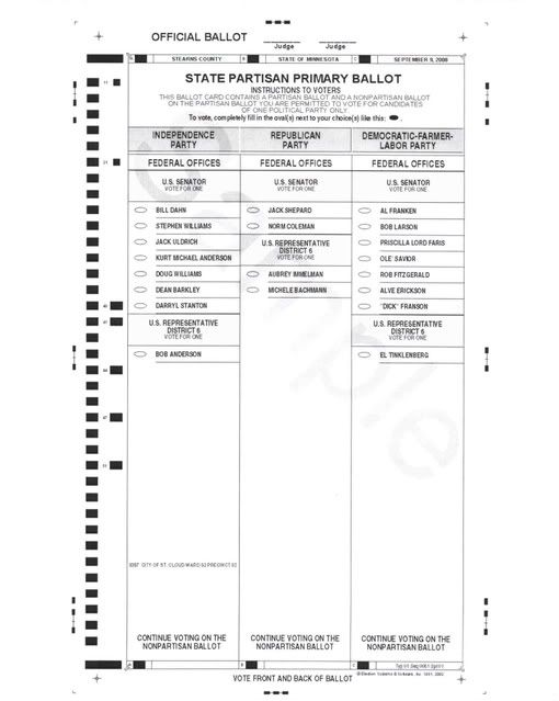 Sample of Minnesota State Partisan Primary Ballot for Stearns County, Sept. 9 primary election.