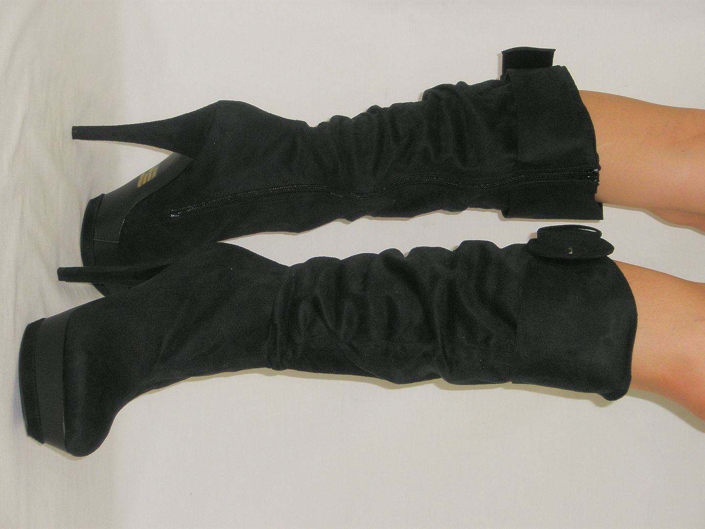 Slouchy Tall Faux Fur Lined Suede Stiletto Heel Buckle Boots Knee High