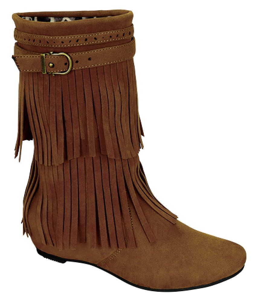 Tall Calf-High Fringe Moccasin Bootie*Low Wedge Flat Indian Ankle Boot ...