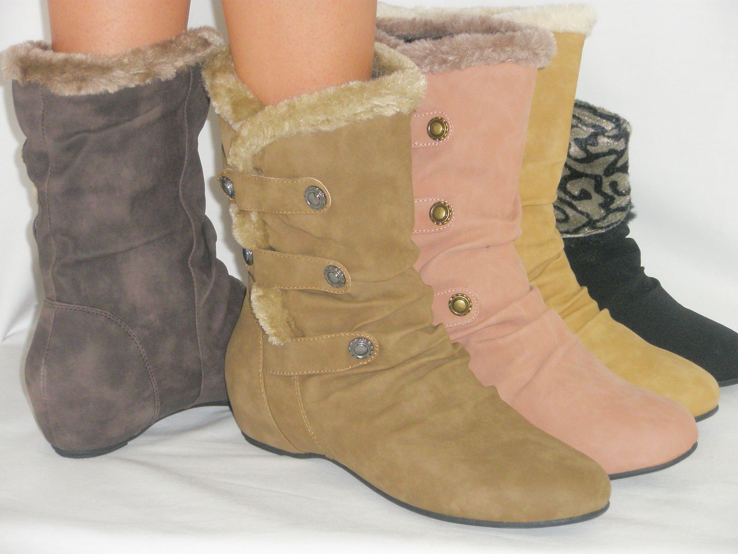 *Fur Lined*Low Wedge Flat Button Boot Slouchy Ankle Bootie *Faux Suede ...
